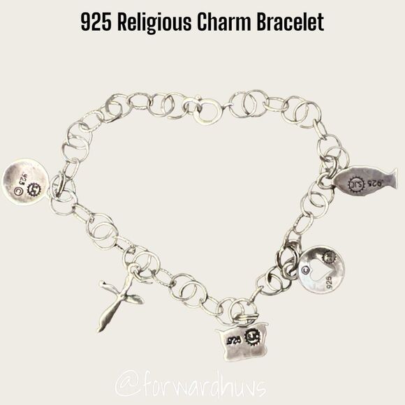 Vintage 925 Silver Religious Charm Bracelet with 5 Charms - SJC Marked - Picture 6 of 10
